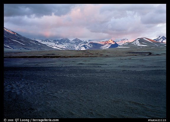 Ash plain, and mountains at sunset, Valley of Ten Thousand smokes. Katmai National Park, Alaska, USA.