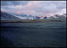 Ash plain, and mountains at sunset, Valley of Ten Thousand smokes. Katmai National Park, Alaska, USA.