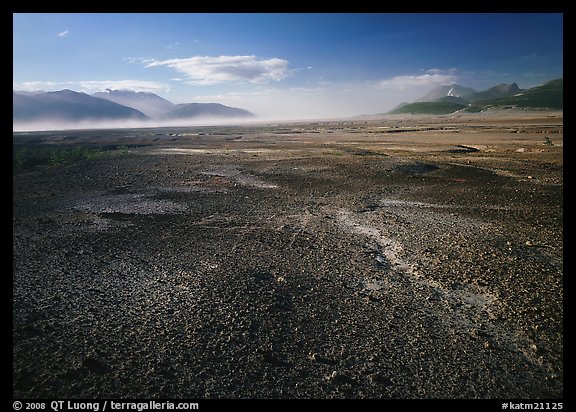 Ash-covered floor of the Valley of Ten Thousand Smokes, evening. Katmai National Park, Alaska, USA.