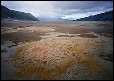 Brightly colored ash in wide plain, Valley of Ten Thousand smokes. Katmai National Park, Alaska, USA.