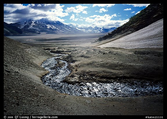 Stream flows from the hills into the floor of the Valley of Ten Thousand smokes. Katmai National Park (color)