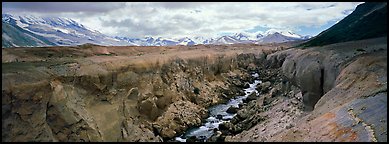 Volcanic landscape with river cutting into ash valley. Katmai National Park (Panoramic color)