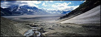 Stream flowing into arid ash-covered valley. Katmai National Park (Panoramic color)