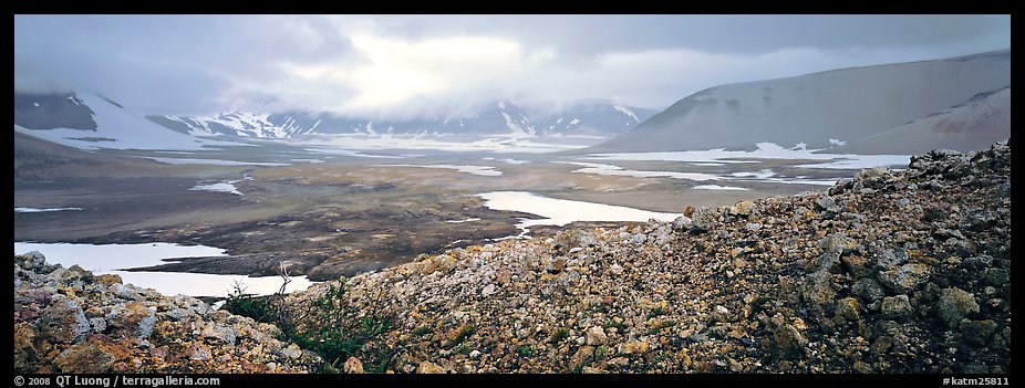 Volcanic landscape with pumice hills surrounding ash valley. Katmai National Park (color)