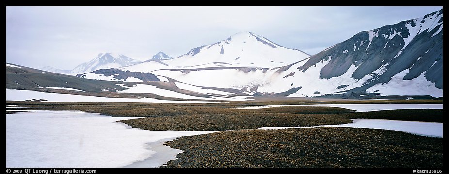 Lichens, snow patches, and snowy peaks. Katmai National Park (color)