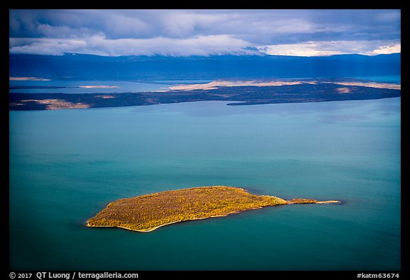 Aerial View of island in autumn foliage contrasting with blue waters, Naknek Lake. Katmai National Park (color)