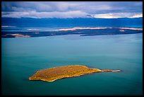 Aerial View of island in autumn foliage contrasting with blue waters, Naknek Lake. Katmai National Park, Alaska, USA.