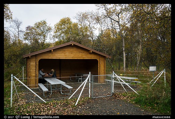 Picnic area enclosed in electric fence. Katmai National Park (color)