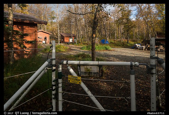 Entrance of Brooks Camp campground with electric fence. Katmai National Park (color)