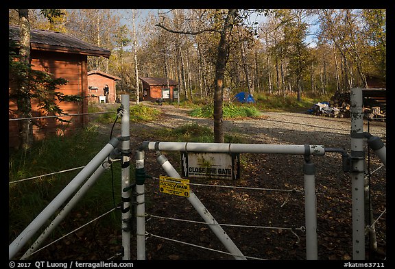 Entrance of Brooks Camp campground with electric fence. Katmai National Park, Alaska, USA.