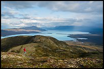 Visitor looking, Naknek Lake from Dumpling Mountain. Katmai National Park, Alaska, USA.