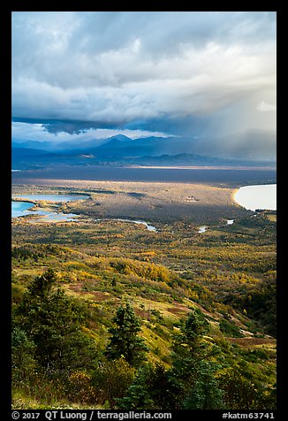 Brooks River area in autumn from above. Katmai National Park, Alaska, USA.