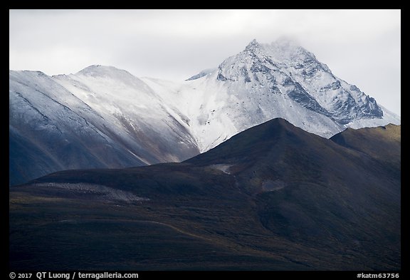 Snowy peaks rising above Valley of Ten Thousand Smokes. Katmai National Park, Alaska, USA.