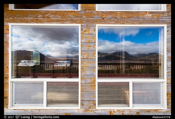 Valley of Ten Thousand Smokes Three Forks Overlook shelter window reflexion. Katmai National Park (color)