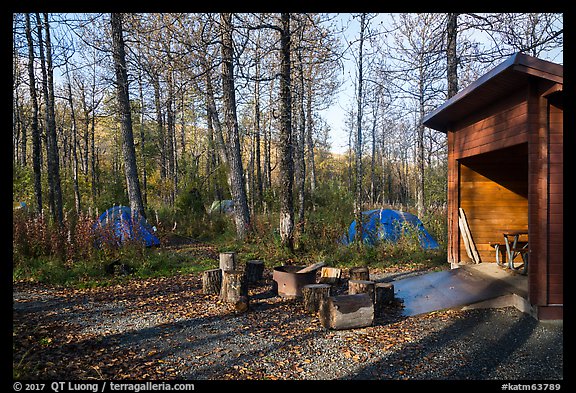 Tents, fire ring, and shelter, Brooks Camp campground. Katmai National Park (color)