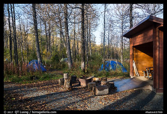 Tents, fire ring, and shelter, Brooks Camp campground. Katmai National Park, Alaska, USA.