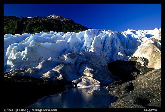 Frozen glacial pond and front of Exit Glacier, early morning. Kenai Fjords National Park, Alaska, USA.