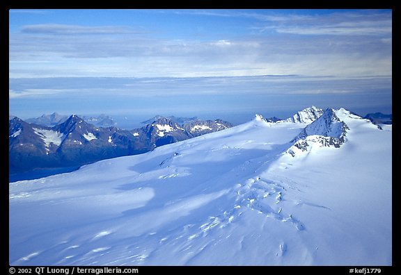 Aerial view of Harding icefield, fjords in the backgound. Kenai Fjords National Park, Alaska, USA.