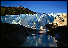 Frozen glacial pond and front of Exit Glacier, 2000, early morning. Kenai Fjords National Park, Alaska, USA.