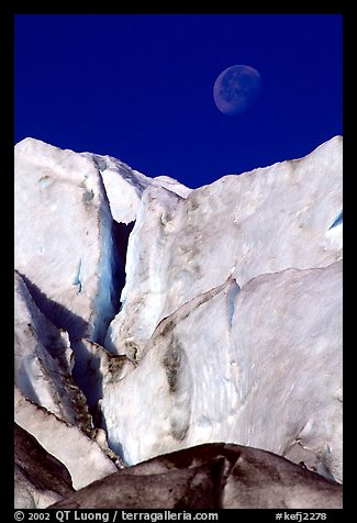 Seracs of Exit Glacier and moon. Kenai Fjords National Park, Alaska, USA.