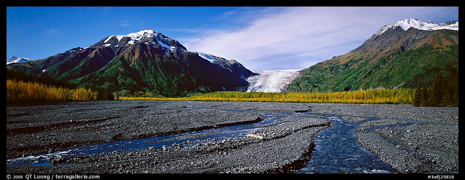 Streams on gravel bar with glacier in the distance. Kenai Fjords  National Park (color)