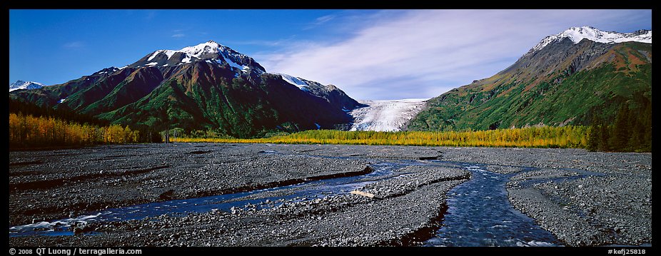 Streams on gravel bar with glacier in the distance. Kenai Fjords National Park (color)