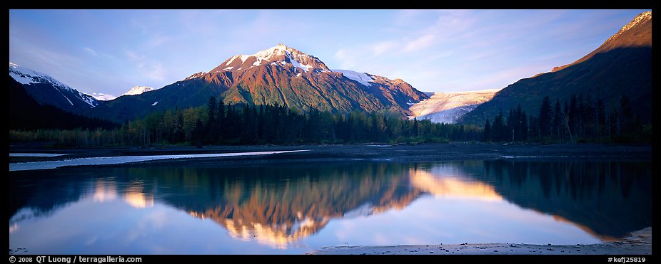 Mountains and glacier reflected in Resurrection River. Kenai Fjords National Park, Alaska, USA.