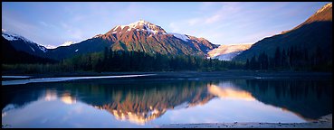 Mountains and glacier reflected in Resurrection River. Kenai Fjords National Park (Panoramic color)