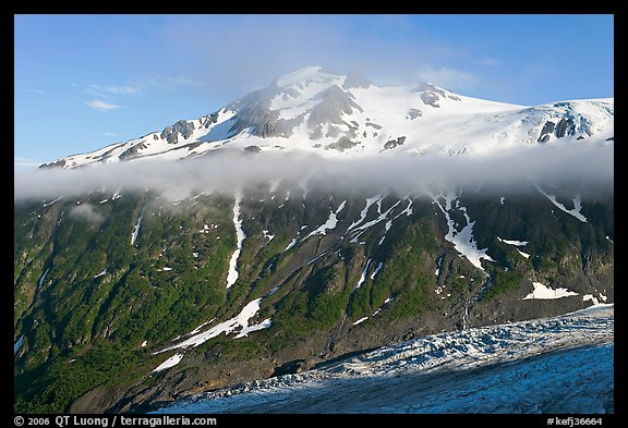 Exit Glacier, low cloud, and peak. Kenai Fjords National Park, Alaska, USA.