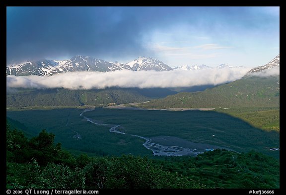 Outwash plain and Resurection Mountains, late afternoon. Kenai Fjords National Park, Alaska, USA.