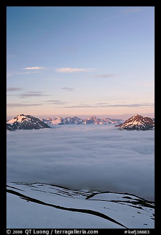 View from the Harding Icefield trail at sunset. Kenai Fjords National Park, Alaska, USA.