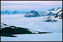 Mountains above low fog at dusk. Kenai Fjords National Park, Alaska, USA. (color)