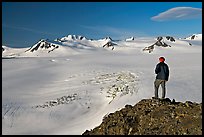 Man looking at the Harding ice field, early morning. Kenai Fjords National Park, Alaska, USA.