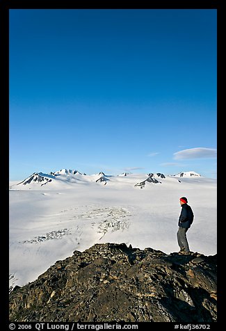 Hiker looking at the Harding icefield. Kenai Fjords National Park, Alaska, USA.