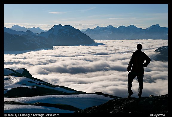 Hiker contemplaing a sea of clouds. Kenai Fjords National Park, Alaska, USA.
