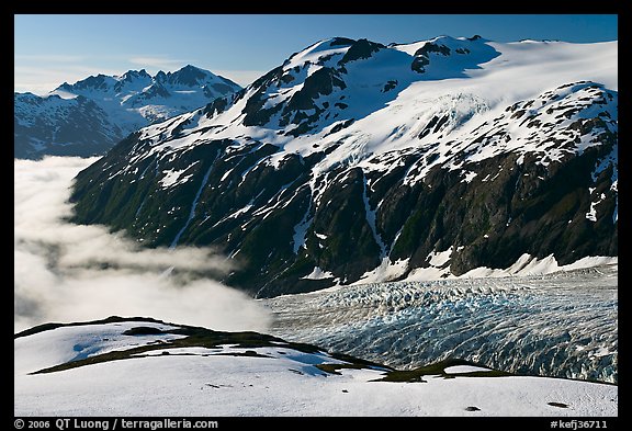 Peaks, glacier, and sea of clouds, morning. Kenai Fjords National Park, Alaska, USA.