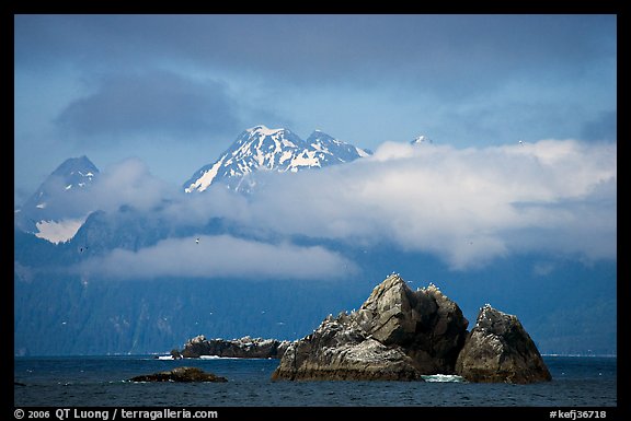 Rocky islets and cloud-shrouded peaks, Aialik Bay. Kenai Fjords National Park (color)