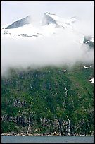 Cloud-covered peak and waterfalls, Northwestern Fjord. Kenai Fjords National Park, Alaska, USA. (color)