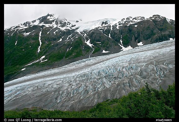 Exit glacier flowing down mountainside. Kenai Fjords National Park, Alaska, USA.