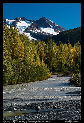 Stream and Phoenix Peak, Exit Glacier outwash plain. Kenai Fjords National Park, Alaska, USA.