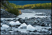 Icebergs and outwash plain in autumn. Kenai Fjords National Park, Alaska, USA.