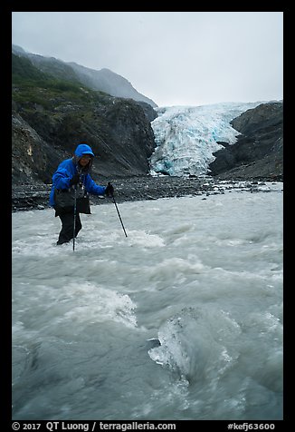 Hiker wades in  glacial stream, Exit Glacier. Kenai Fjords National Park (color)