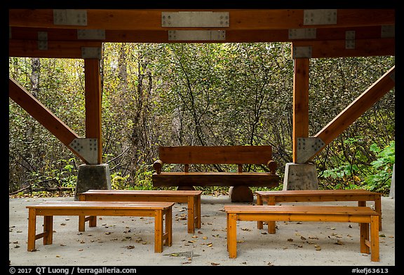 Benches under rain shelter. Kenai Fjords National Park, Alaska, USA.