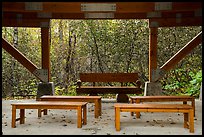 Benches under rain shelter. Kenai Fjords National Park, Alaska, USA.