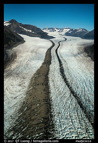Aerial view of Bear Glacier with crevasses and lateral moraines. Kenai Fjords National Park (color)