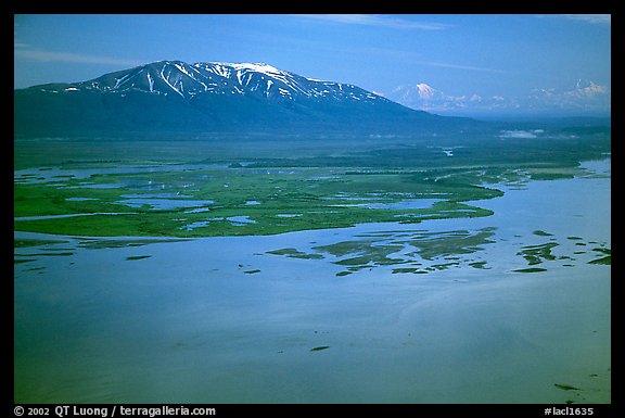 Aerial view of estuary and snowy peak. Lake Clark National Park (color)