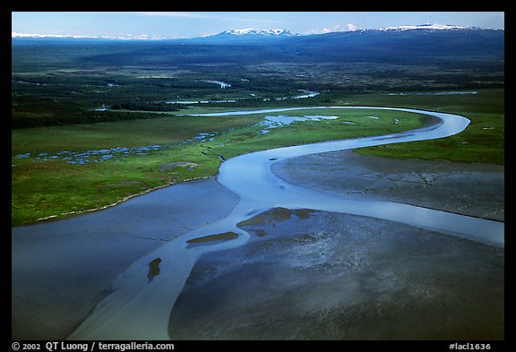 Aerial view of river and estuary. Lake Clark National Park, Alaska, USA.