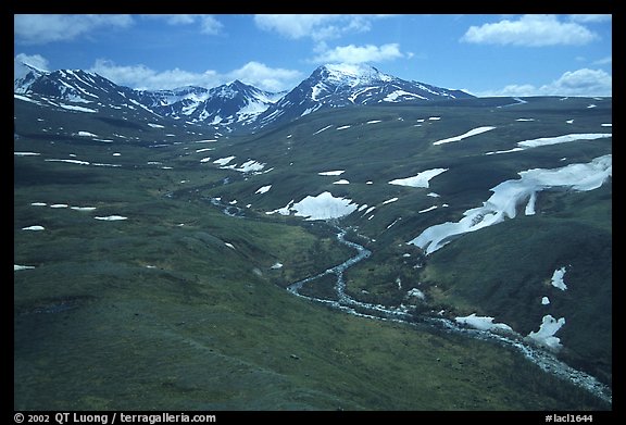 Aerial view of river and valley in the Twin Lakes area. Lake Clark National Park, Alaska, USA.