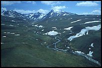 Aerial view of river and valley in the Twin Lakes area. Lake Clark National Park, Alaska, USA. (color)