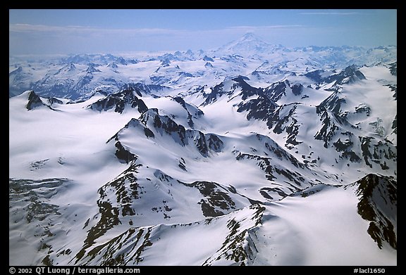 Aerial view of snowy peaks, Chigmit Mountains. Lake Clark National Park, Alaska, USA.